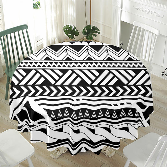 Black And White Polynesian Pattern Print Waterproof Round Tablecloth