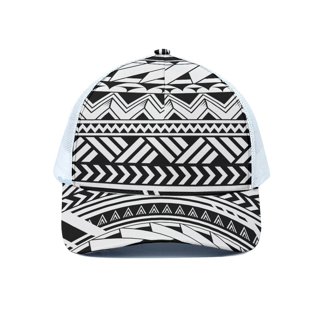 Black And White Polynesian Pattern Print White Mesh Trucker Cap