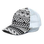 Black And White Polynesian Pattern Print White Mesh Trucker Cap