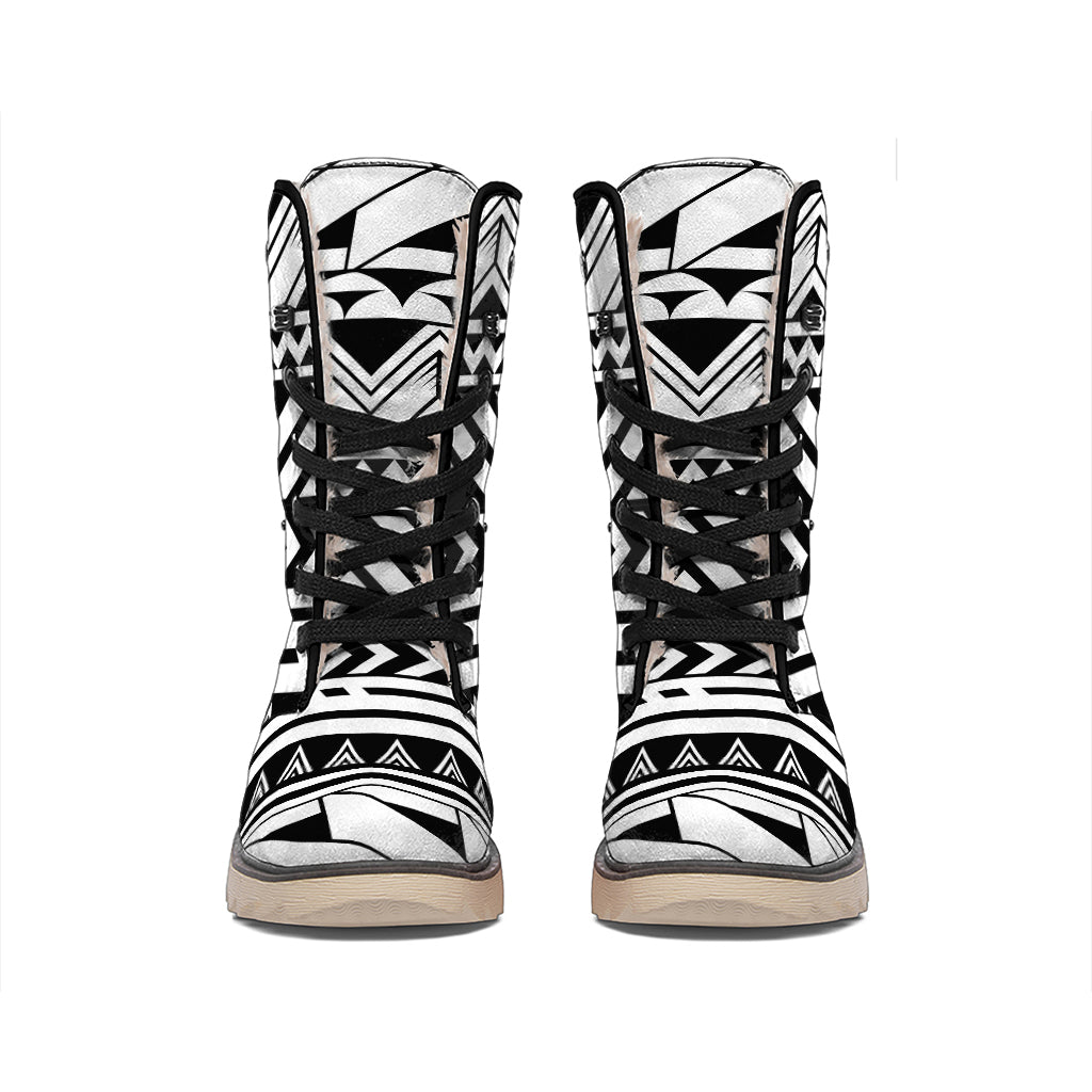 Black And White Polynesian Pattern Print Winter Boots