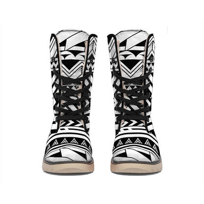 Black And White Polynesian Pattern Print Winter Boots