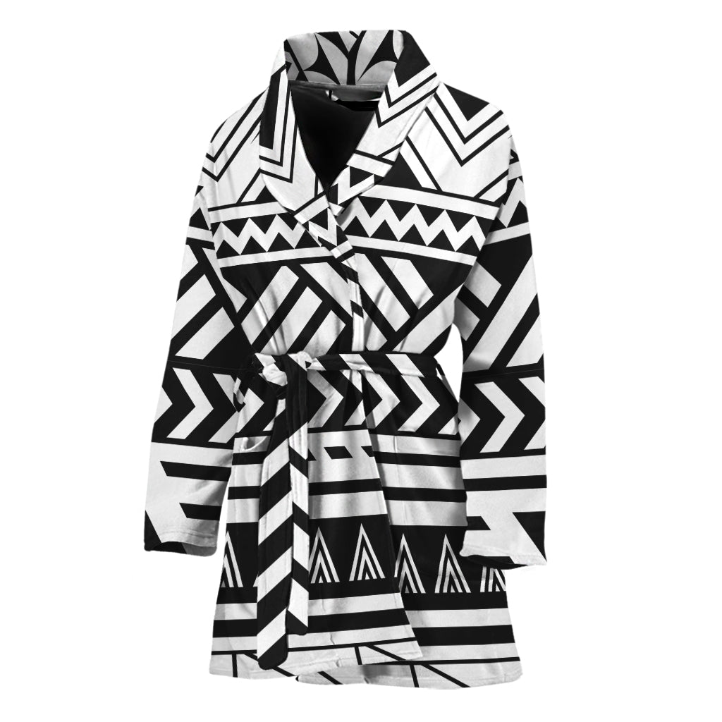 Black And White Polynesian Pattern Print Women's Bathrobe