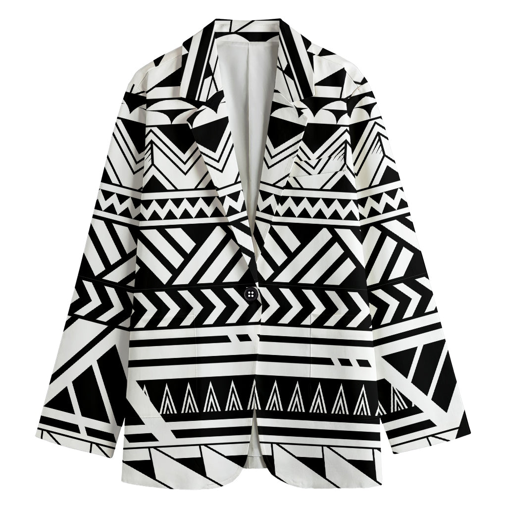 Black And White Polynesian Pattern Print Women's Blazer