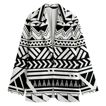 Black And White Polynesian Pattern Print Women's Blazer