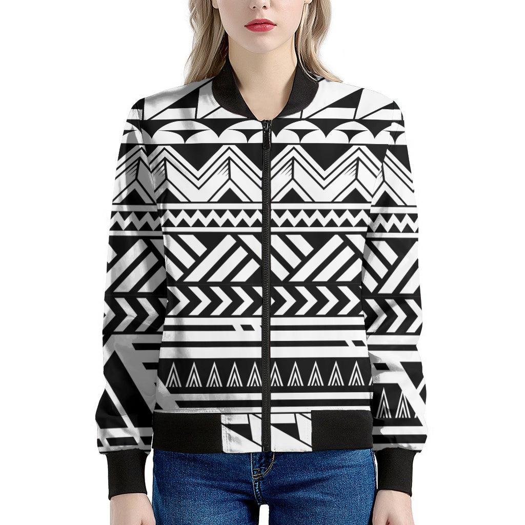 Black And White Polynesian Pattern Print Women's Bomber Jacket