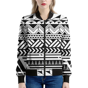 Black And White Polynesian Pattern Print Women's Bomber Jacket