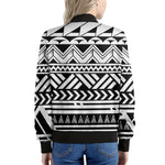 Black And White Polynesian Pattern Print Women's Bomber Jacket