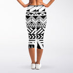 Black And White Polynesian Pattern Print Women's Capri Leggings