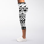Black And White Polynesian Pattern Print Women's Capri Leggings
