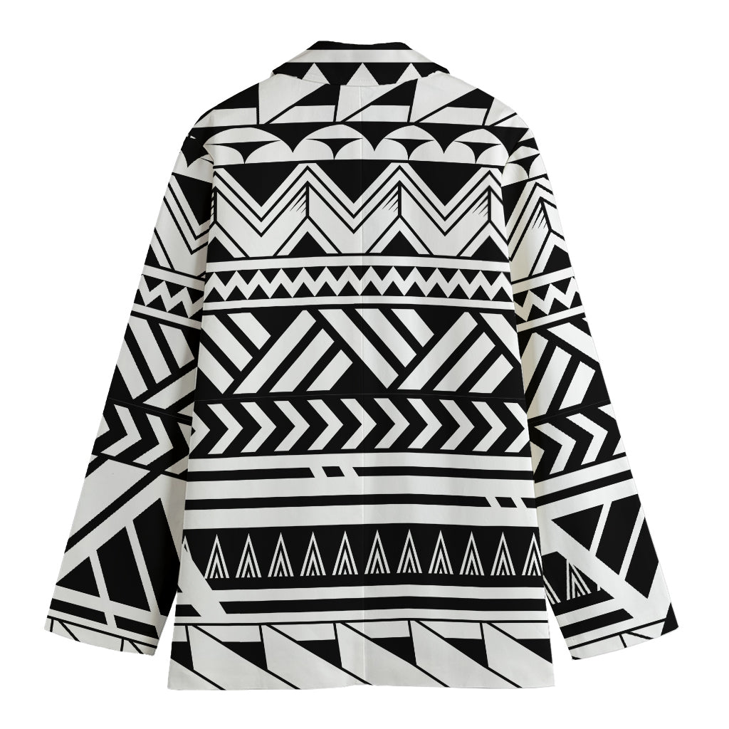 Black And White Polynesian Pattern Print Women's Cotton Blazer