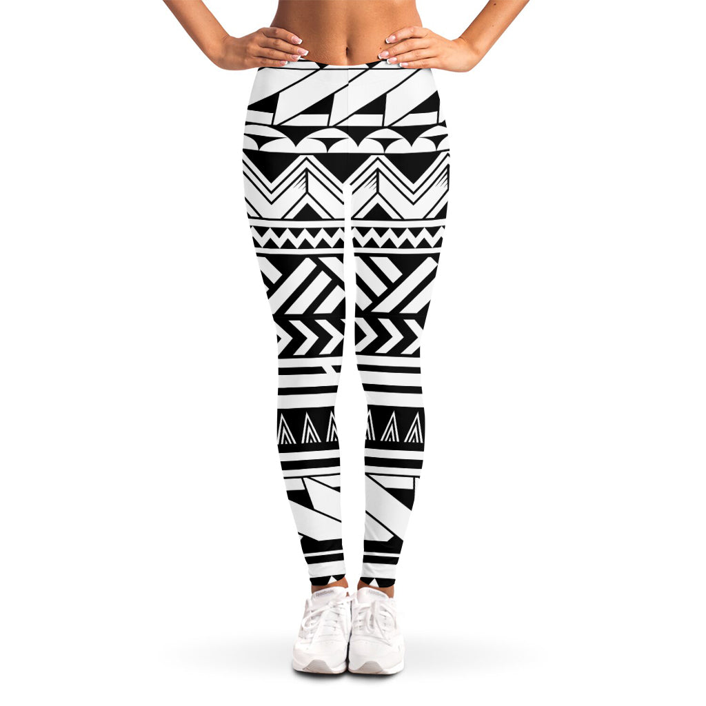 Black And White Polynesian Pattern Print Women's Leggings