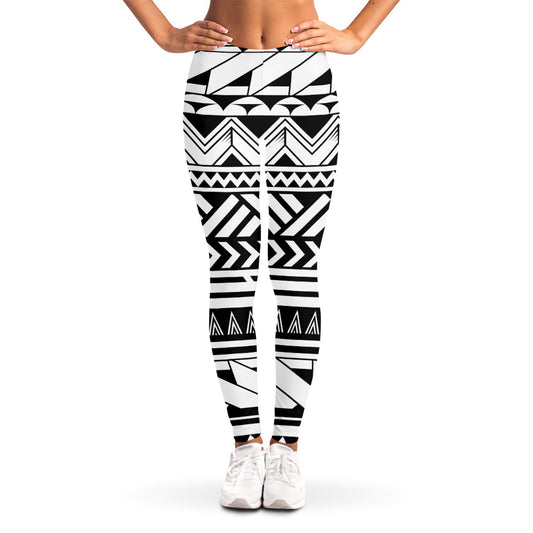 Black And White Polynesian Pattern Print Women's Leggings