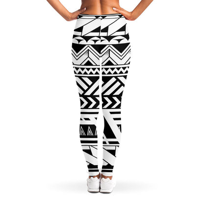 Black And White Polynesian Pattern Print Women's Leggings