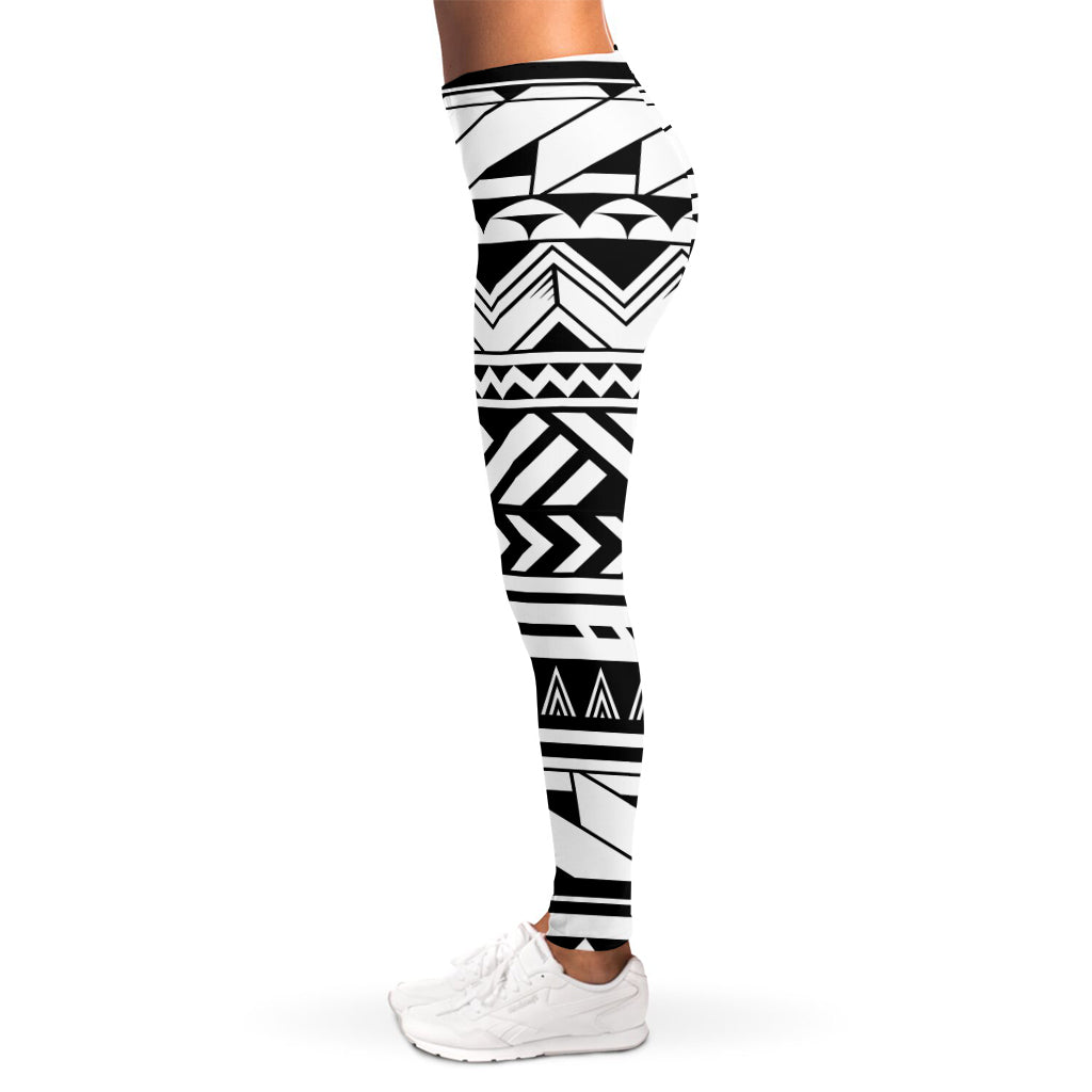 Black And White Polynesian Pattern Print Women's Leggings