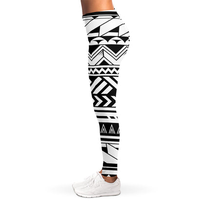 Black And White Polynesian Pattern Print Women's Leggings