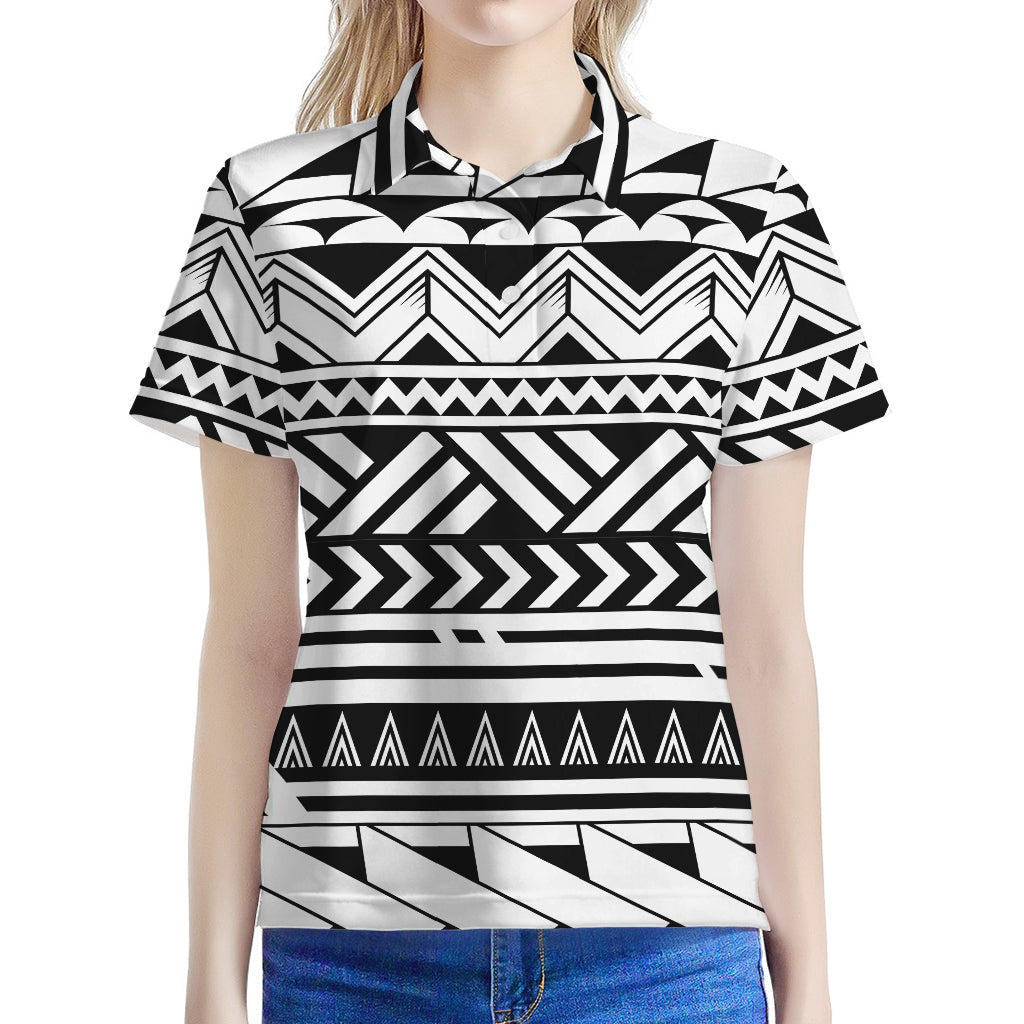 Black And White Polynesian Pattern Print Women's Polo Shirt
