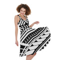 Black And White Polynesian Pattern Print Sleeveless Knee Length Dress