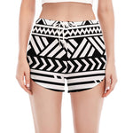 Black And White Polynesian Pattern Print Women's Split Running Shorts