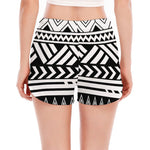 Black And White Polynesian Pattern Print Women's Split Running Shorts