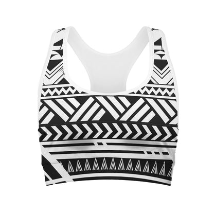 Black And White Polynesian Pattern Print Women's Sports Bra