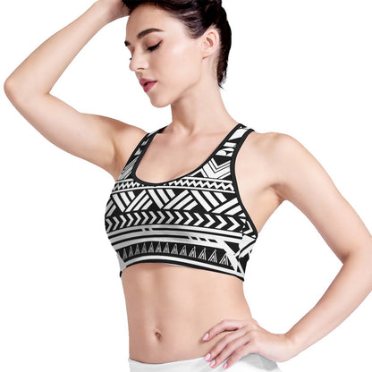 Black And White Polynesian Pattern Print Women's Sports Bra