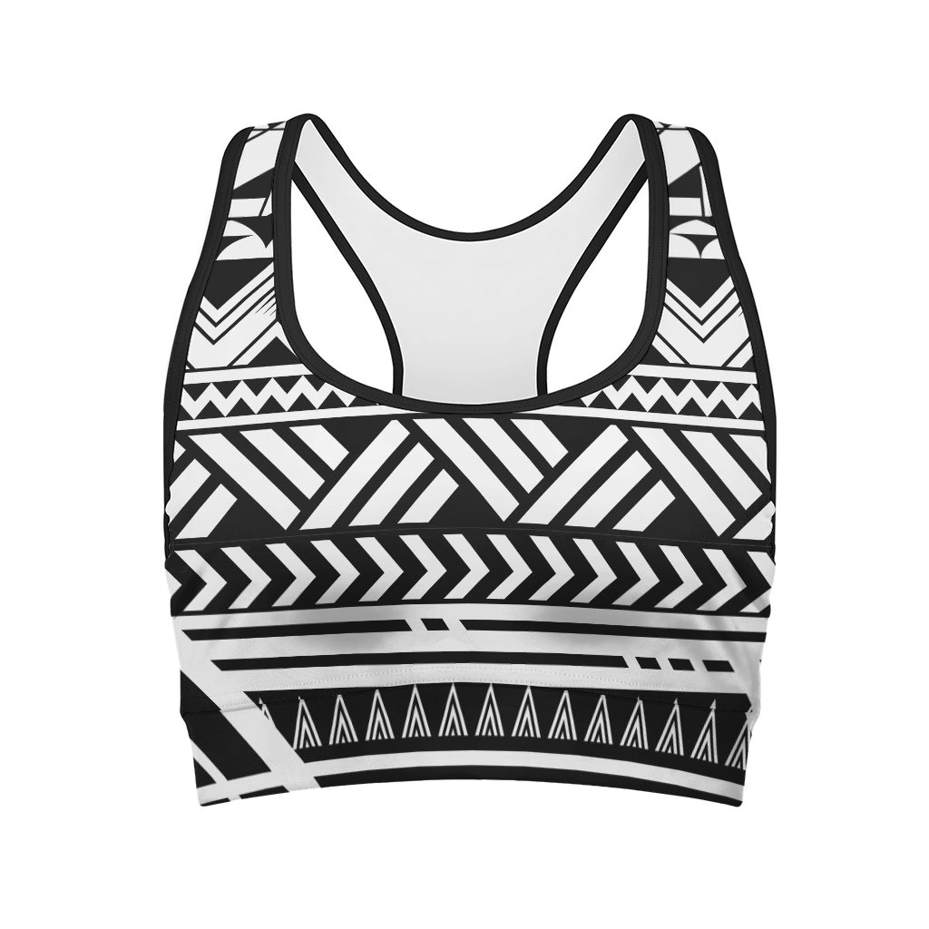 Black And White Polynesian Pattern Print Women's Sports Bra