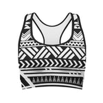 Black And White Polynesian Pattern Print Women's Sports Bra