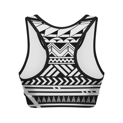 Black And White Polynesian Pattern Print Women's Sports Bra