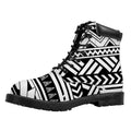 Black And White Polynesian Pattern Print Padded Collar Lace Up Boots