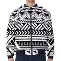 Black And White Polynesian Pattern Print Zip Sleeve Bomber Jacket