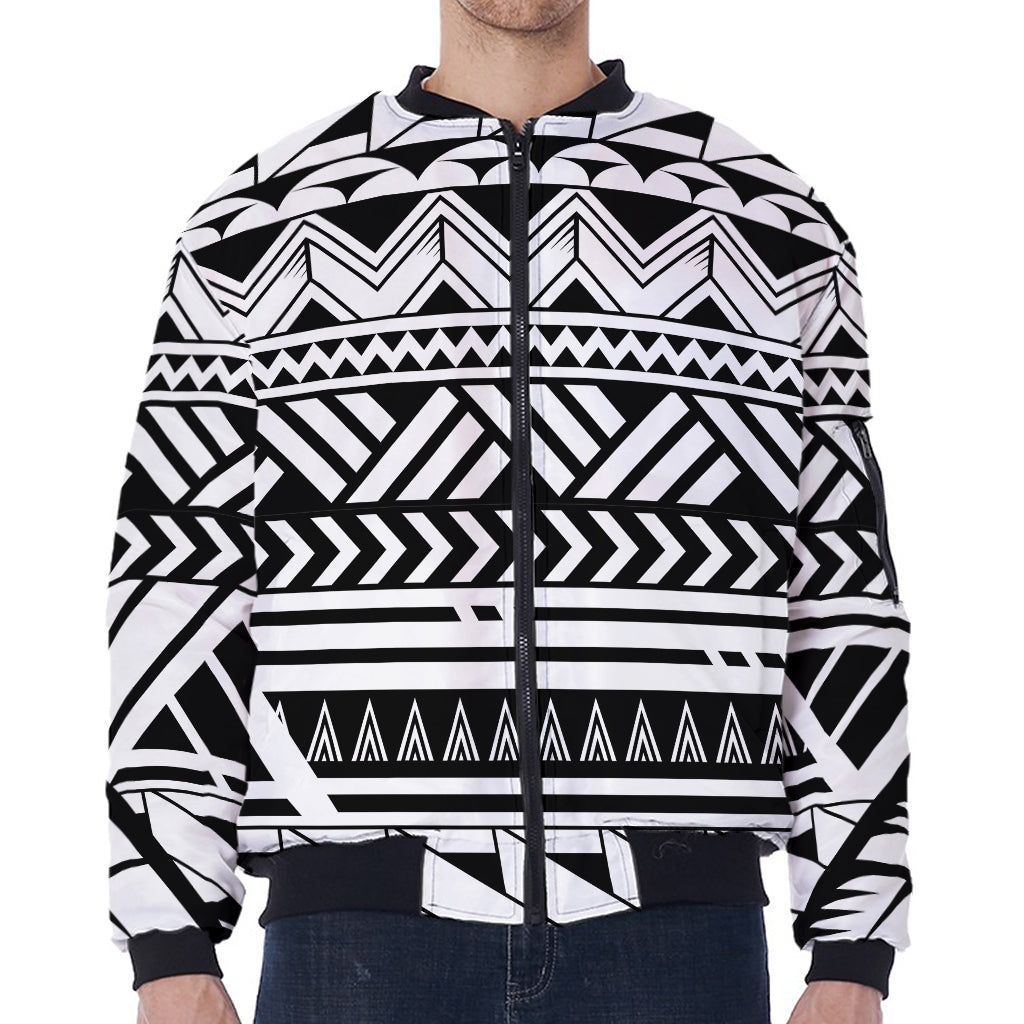 Black And White Polynesian Pattern Print Zip Sleeve Bomber Jacket