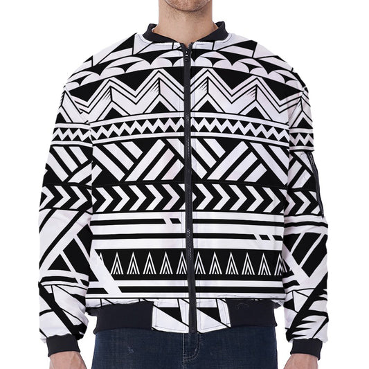 Black And White Polynesian Pattern Print Zip Sleeve Bomber Jacket