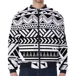Black And White Polynesian Pattern Print Zip Sleeve Bomber Jacket