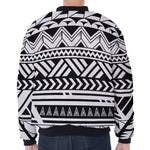 Black And White Polynesian Pattern Print Zip Sleeve Bomber Jacket