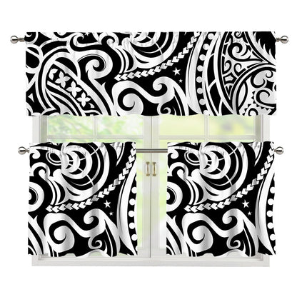 Black And White Polynesian Tattoo Print 3 Piece Kitchen Curtains