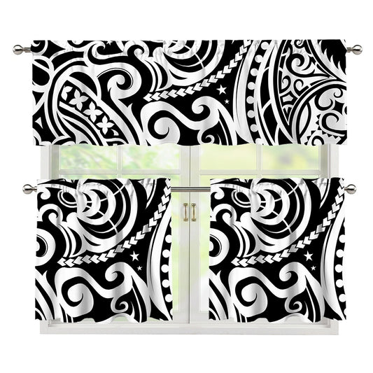 Black And White Polynesian Tattoo Print 3 Piece Kitchen Curtains