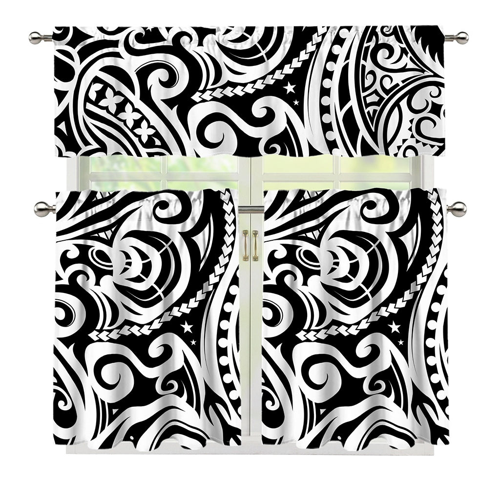 Black And White Polynesian Tattoo Print 3 Piece Kitchen Curtains