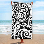 Black And White Polynesian Tattoo Print Beach Towel