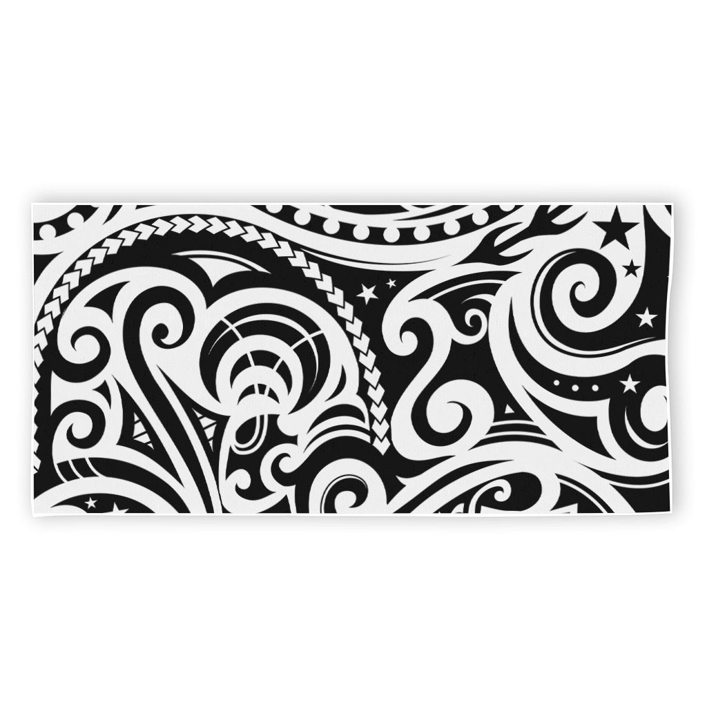 Black And White Polynesian Tattoo Print Beach Towel