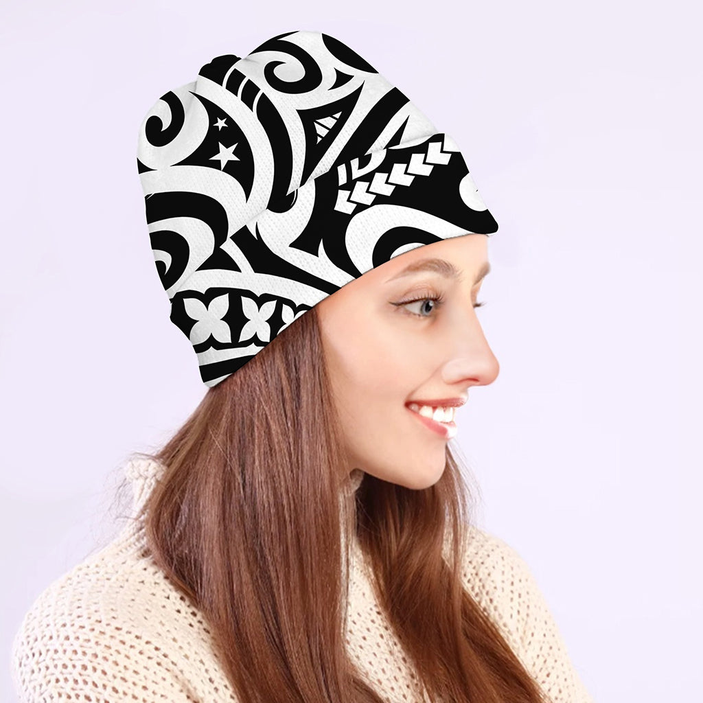 Black And White Polynesian Tattoo Print Beanie