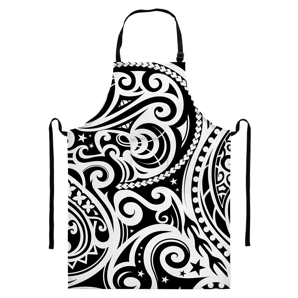 Black And White Polynesian Tattoo Print Bib Apron With Pocket