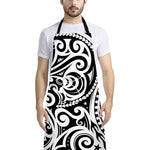 Black And White Polynesian Tattoo Print Bib Apron With Pocket