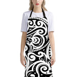 Black And White Polynesian Tattoo Print Bib Apron With Pocket