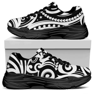 Black And White Polynesian Tattoo Print Black Chunky Shoes