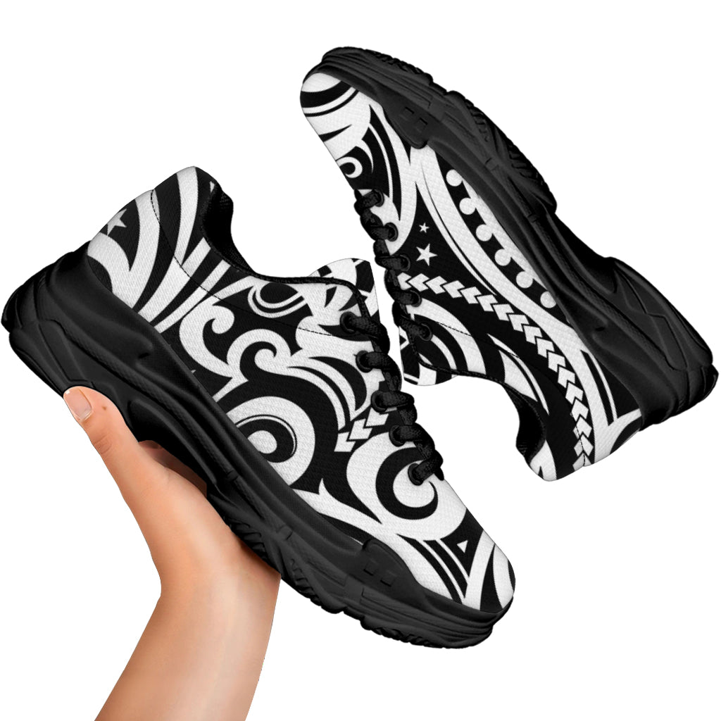 Black And White Polynesian Tattoo Print Black Chunky Shoes