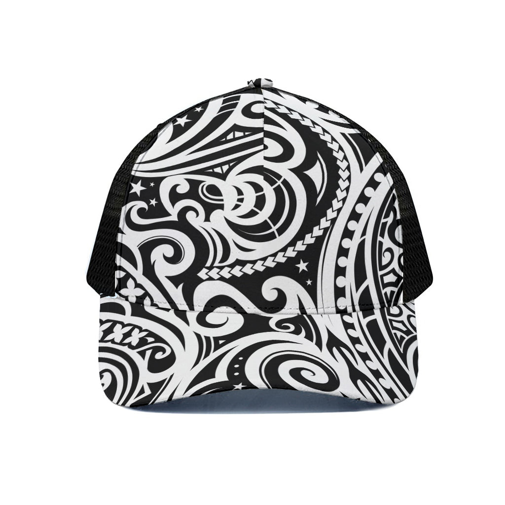 Black And White Polynesian Tattoo Print Black Mesh Trucker Cap