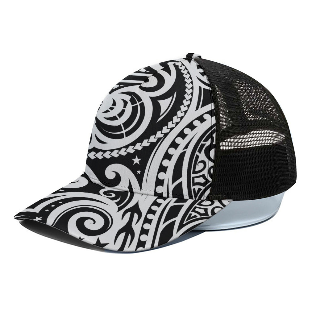 Black And White Polynesian Tattoo Print Black Mesh Trucker Cap