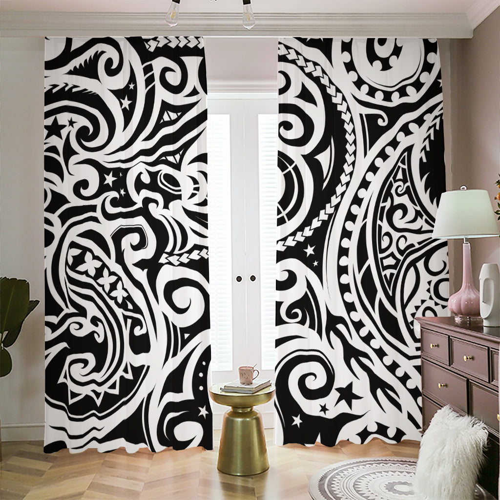 Black And White Polynesian Tattoo Print Blackout Pencil Pleat Curtains