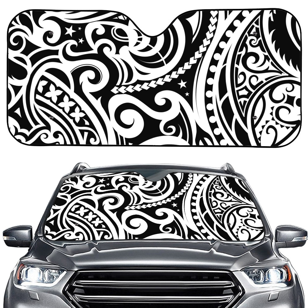 Black And White Polynesian Tattoo Print Car Windshield Sun Shade