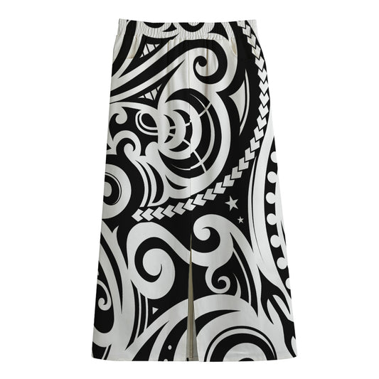 Black And White Polynesian Tattoo Print Cotton Front Slit Maxi Skirt